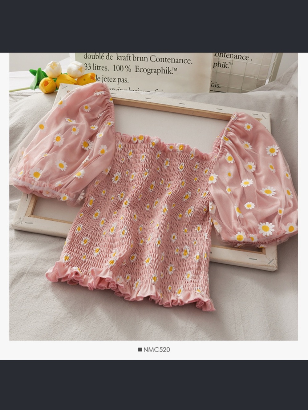 Smocked Puff Sleeve Floral Crop Top - Pink Daisy